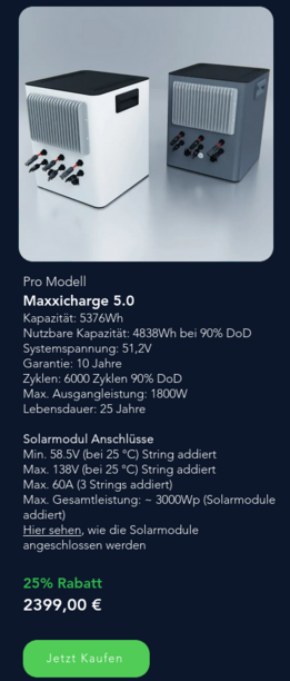 Screenshot: »Maxxicharge 5.0 5376Wh mit 25% Rabatt 2399,00 €«