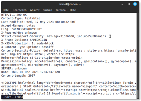 Ergebnis eines Testzugriffs auf https://guetersloh.meinenterminvereinbaren.de — u. a. mit Strict-Transport-Security-Header.