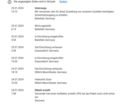 Details: um 6:15 heißt es »wird zugestellt«, um 15:15 »wir versuchen, den für diese Zustellung von unserem Zusteller benötigten Sicherheitszugang zu erhalten«. Allein, die Klingel ist weder selbstschuß- noch keycode-bewährt — kann jeder einfach drücken, WENN ER DENN DAVOR GESTANDEN HÄTTE!