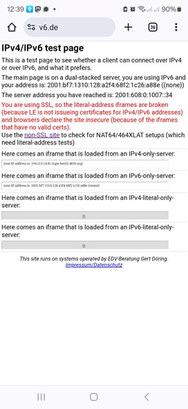 Screenshot von v6.de, IPv4- & IPv6-Adressen zeigend.