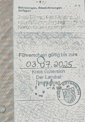 Stempel "Führerschein gültig bis zum 03.07.2025" im rosa Führerschein.
